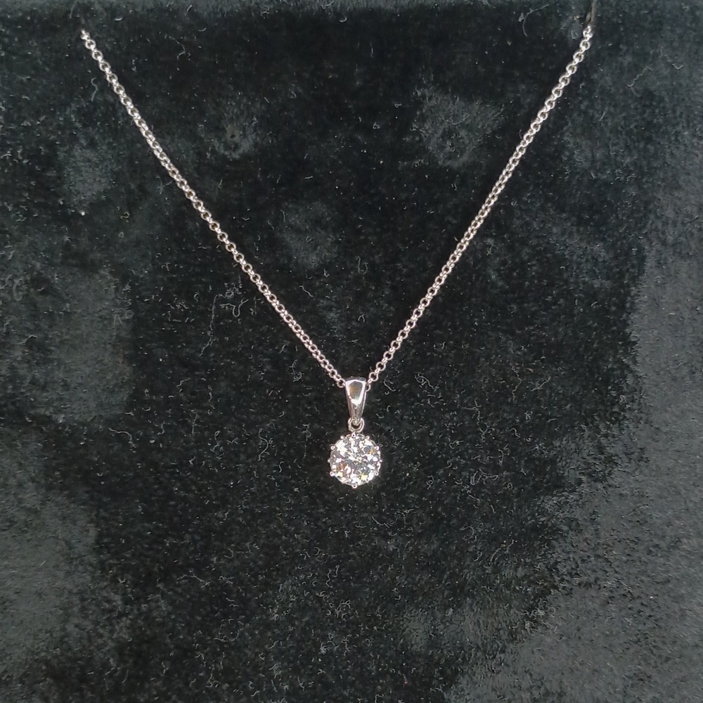 Rhodium Plated/Sterling Silver Round Diamond Simulant Pendant - Picture 2 of 6
